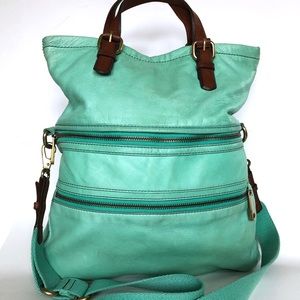 Fossil Explorer Teal Turquoise Foldover Tote